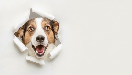 Dog with shocked surprised expression peeking through hole in cracked wall hole