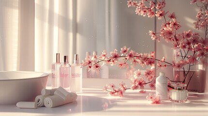 pink flowers and perfumes are arranged on a white boudoir table in a natural and aesthetically pleasing manner. Bright interior decor.