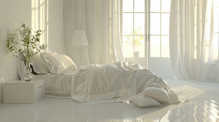 mood and atmosphere of a white bedroom. The feeling of calm and elegance inherent in a boudoir setting. Copy space so you can add text or other elements as needed.