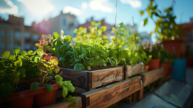 Urban vegetable gardening on the rooftop of a building