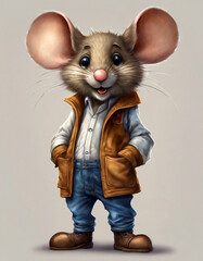 Mouse in clothes. Scientist mouse. The mouse is dressed in pants and a jacket. Fantasy illustration. Empty smooth background