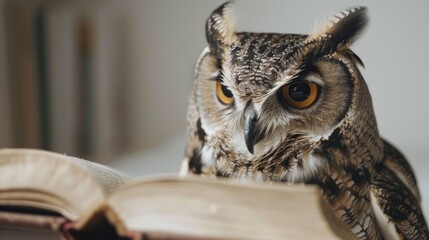 An owl animal is reading a book for an education or school concept