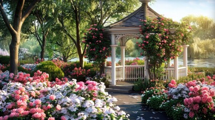 a garden gazebo nestled amidst blooming roses, evoking a sense of peace and tranquility in the enchanting springtime setting. - obrazy, fototapety, plakaty