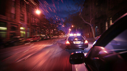 a police car on a high speed chase with it's lights on at night - 741867484