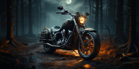 The motorcycle, its chrome details flicker against the background of the reflections of the mo - obrazy, fototapety, plakaty