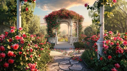 Fototapeta na wymiar a garden gazebo nestled amidst blooming roses, evoking a sense of peace and tranquility in the enchanting springtime setting.