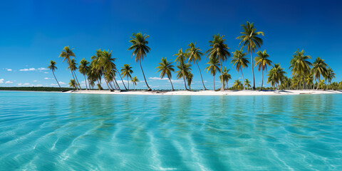 The rows of palm trees on the ocean create an exciting view of the endless blue open space