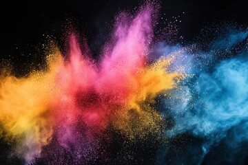 Colorful rainbow powder is thrown up against the black background stock photo, in the style of uhd image, bright and bold color palette, multiple filter effect, high speed sync, vibrant palette.