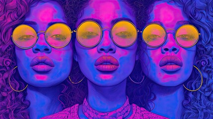 Portrait of beautiful African American girls with curly hair and glasses. Illustration. Purple Day to spread awareness about epilepsy support.