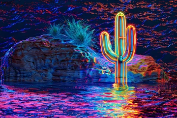  cactus, neon cactus, cyberpunk cactus, cactus in the desert, Vibrant desert cacti illuminated in a neon glow, cactus in the dark © fadi