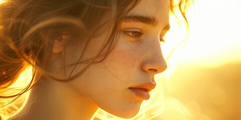 Beautiful young woman face postrait close-up with sun light