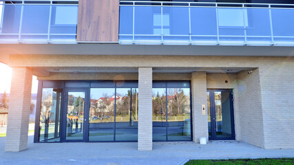 Panoramic windows of new commercial premises. Commercial property in development standard for rent.