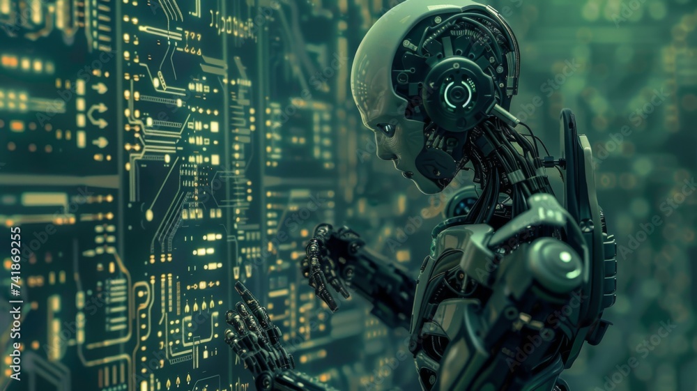 Poster cybernetic machine intelligence concept - a full profile view of a humanoid robot head with intricat