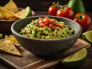 A delicious Bowl of Guacamole next to fresh ingredients on a table with tortilla chips and salsa. Fresh ingredients for guacamole with chips