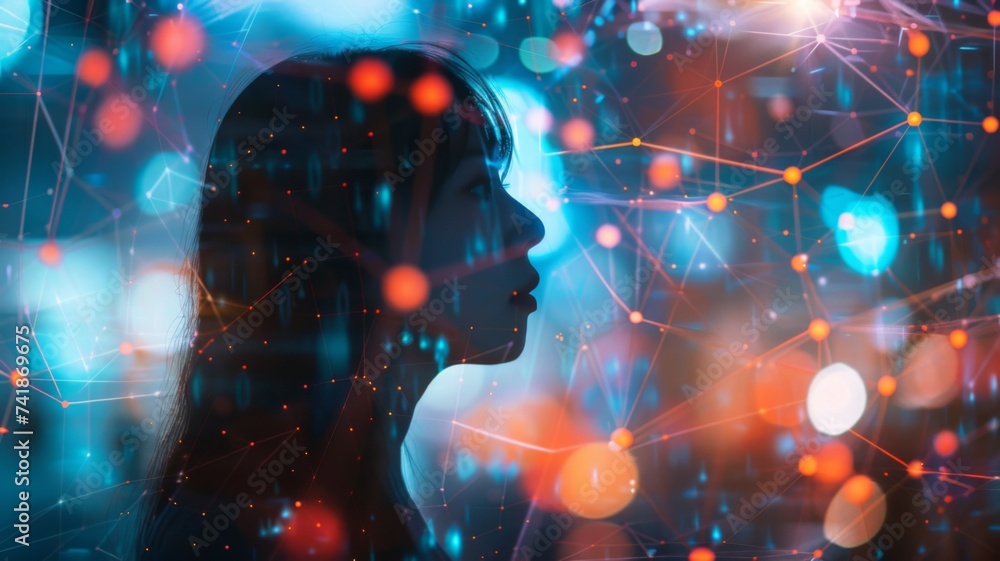 Poster networked human thoughts concept - a visual metaphor for interconnected thoughts and digital network