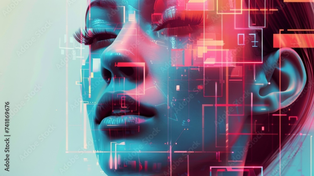 Aufkleber neural interface aesthetics - the side profile of a woman against a backdrop of neural network-inspi