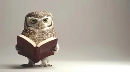 Poster An owl animal is reading a book for an education or school concept © YauheniyaA