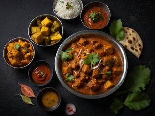Assorted traditional Indian food on black background - indian food feast - Indian cuisine - Assorted various Indian food - Traditional Indian dishes on dark backdrop