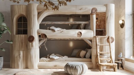 Obraz na płótnie Canvas a natural wood log hut-shaped bunk bed with stairs, nestled in a cozy cabin setting, evoking the essence of rustic charm and adventure.