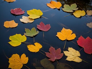Autumn foliage in pond with floating leaves of multiple colors, Colored leaves floating on top of a body of water. Vibrant leaves gently floating on calm waters