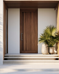 Palm tree next to a wooden door - 741870675