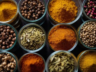 Close-Up overhead view of an assorted arrangement of spices, Assorted spices and seeds, various spices, different herbs and spices. Diverse selection of spices and herbs