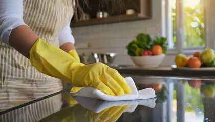  A woman's hand in a yellow protective glove wipes the kitchen