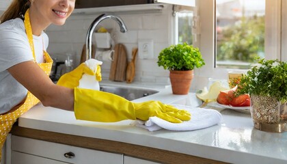  A woman's hand in a yellow protective glove wipes the kitchen