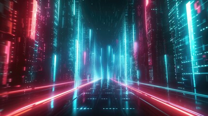 A digital illustration of a futuristic corridor bathed in vibrant neon lights, with a perspective...