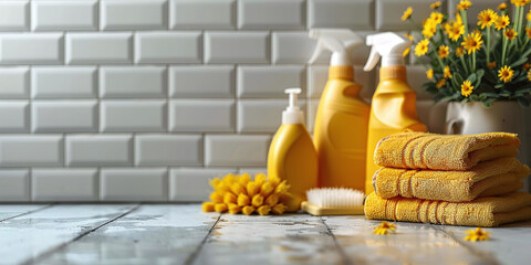 Close-up of cleaning products, sponges and floor sprayers, towels. Professional cleaning concept. - obrazy, fototapety, plakaty