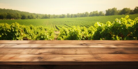 Empty copy space on brown wooden table in a green vineyard.
