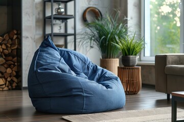 Soft enjoyable beanbag chair in modern living room interior - obrazy, fototapety, plakaty