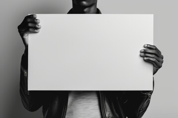 hand holding rectangular blank white paper board, card for advertising mockup, copy space for text, minimalist editorial aesthetic