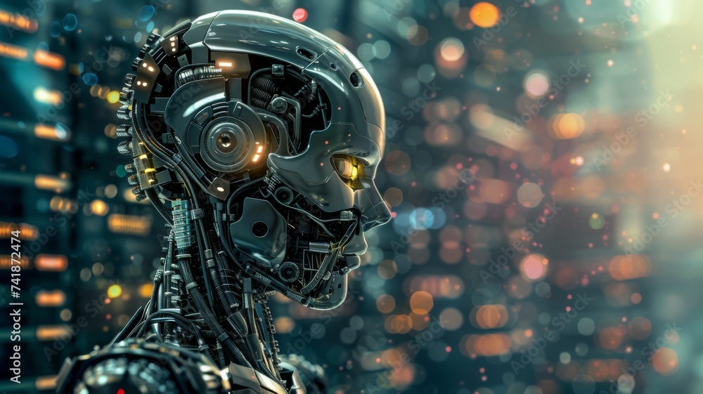 Poster Advanced Robotic Vision System - A close-up of a robot's head featuring high-tech optical sensors and artificial intelligence, showcasing the futuristic vision systems and the concept of machines with