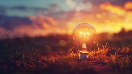 Sunset Ideas and Eco Innovation - A picturesque scene with a light bulb illuminated by the sunset, representing eco-friendly innovations and the beauty of sustainable energy solutions.