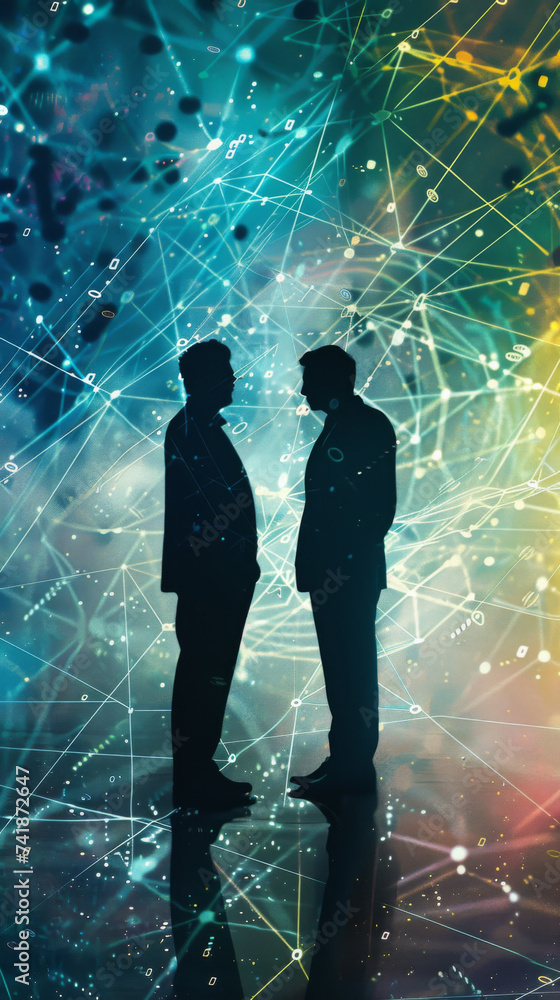 Poster silhouettes in networked space - silhouetted figures against a backdrop of complex digital networks,