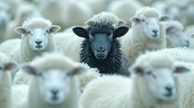 A black sheep among a flock of white sheep. concept of individuality and special skills among others.