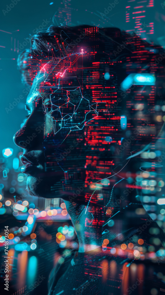Poster cybernetic mind profile concept - a side view of a human head with digital cyber patterns overlaid, 