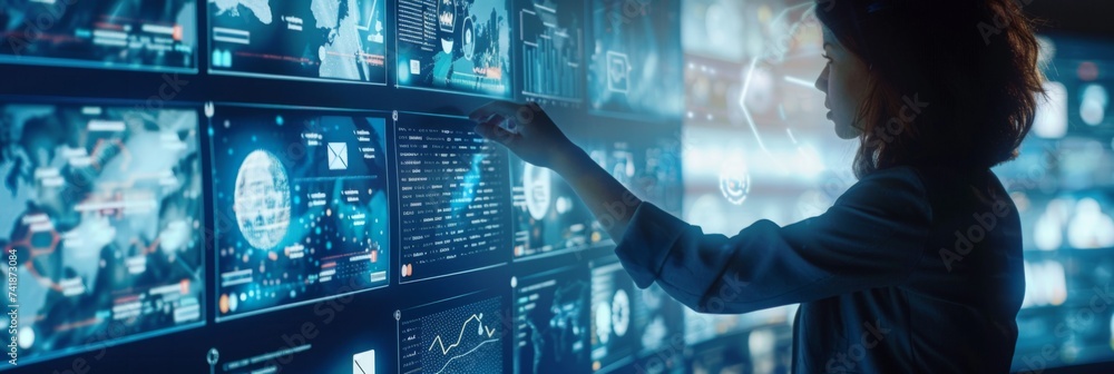 Aufkleber advanced technology operations center - a female professional analyzing data on futuristic screens i
