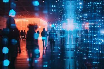 Fototapeta na wymiar Futuristic Data Stream Corridor - Human silhouettes walking in a corridor with a vibrant data stream concept.