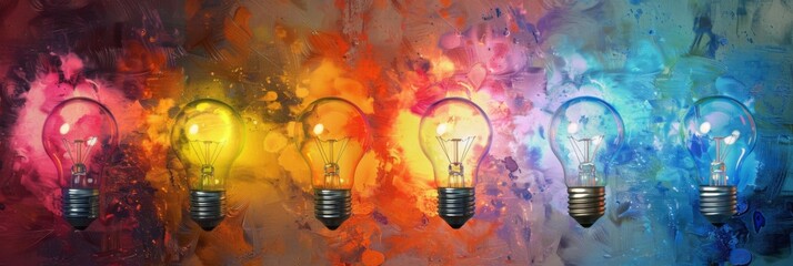 Obraz na płótnie Canvas Creative Energy Light Spectrum - A series of light bulbs against a colorful, artistic backdrop symbolizing creativity and ideas.