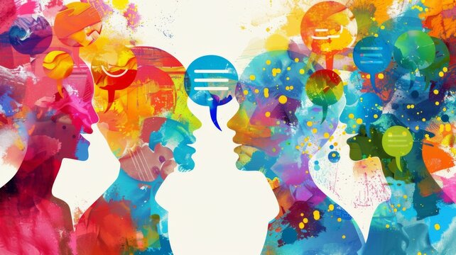 Colorful Dialogue and Exchange - Vibrant silhouettes with speech bubbles representing communication and ideas exchange.