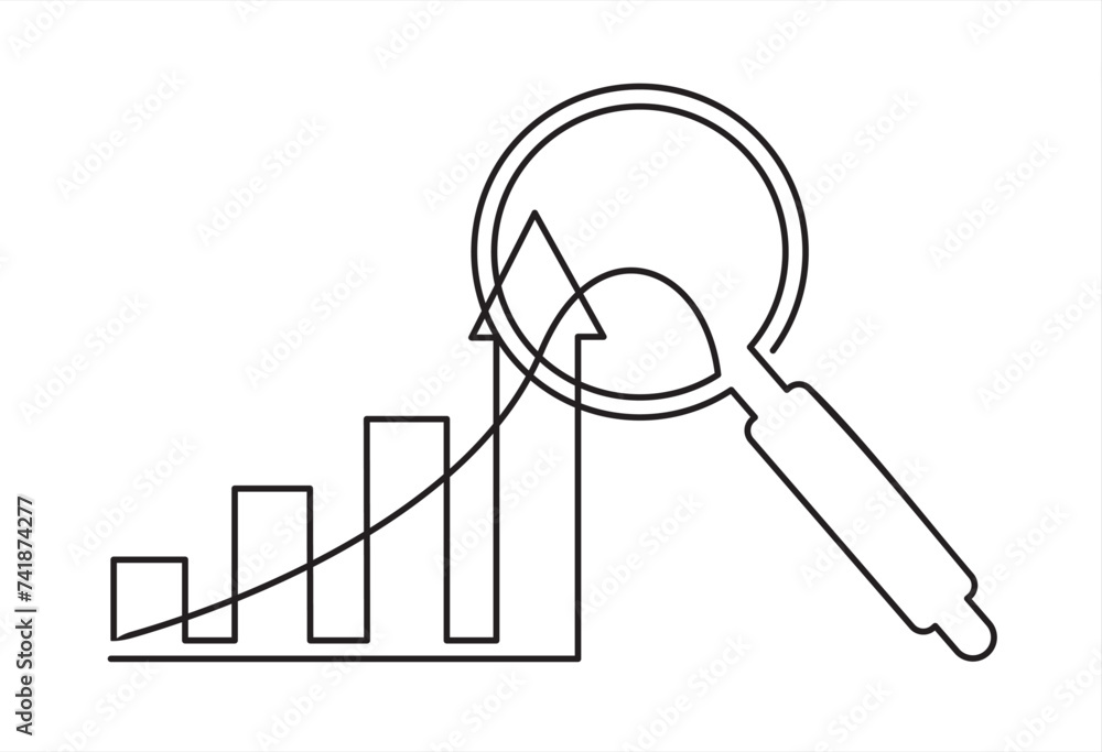 Poster continuous one line drawing of increasing up arrows bar graph and magnifying glass. search. hand dra