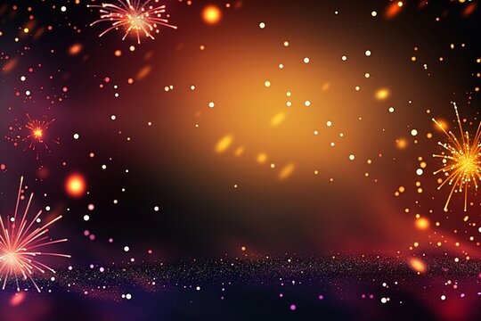 Fireworks on a black background with stars, in the style of simple, colorful illustrations, brushwork, aurorapunk, bright backgrounds, dark bokeh background, vibrant stage backdrops, uhd image.