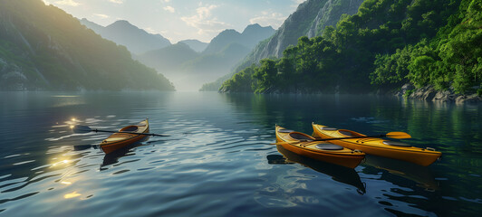 Fototapeta premium Beneath the serene waters of a tranquil lake, a flotilla of kayaks glides silently, their paddles dipping rhythmically into the glassy surface