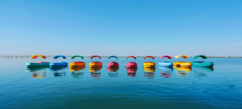 Across the vast expanse of a tranquil lake, a flotilla of colorful paddleboats glides gracefully through the shimmering waters