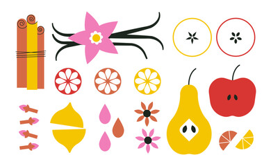 Set of spices and fruits simple icons in bright color. Vanilla. Cinnamon sticks. Dried orange slices. Cloves, brown anise flower. Abstract cartoon fruit stickers. Cooking tasty and healthy food design