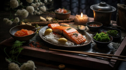 Set of sushi and rolls with a salmon, Japanese food concept.