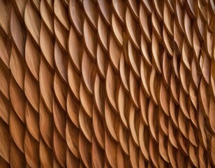 an indoor wall containing many wavy and shaped wood strips