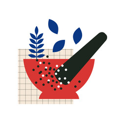Fototapeta premium Mortar and pestle. Herbs and spices. Flat trendy abstract style. Abstract vector illustration in red, blue colors. For recipes, menu, cafe, decor.